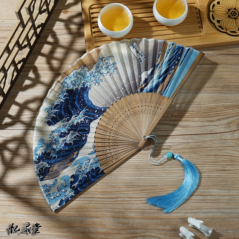 日式真丝和风古风折扇神奈川海浪