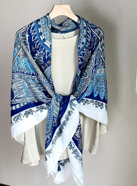 130CM大方巾蓝色腰果民族风披肩外搭女云南新疆旅游穿搭防晒丝巾