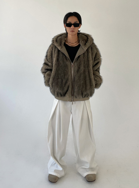 ZINGUP 高定时髦感环保仿毛皮皮草毛绒外套 宽松痞帅连帽上衣