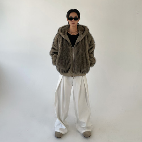 ZINGUP 高定时髦感环保仿毛皮皮草毛绒外套 宽松痞帅连帽上衣