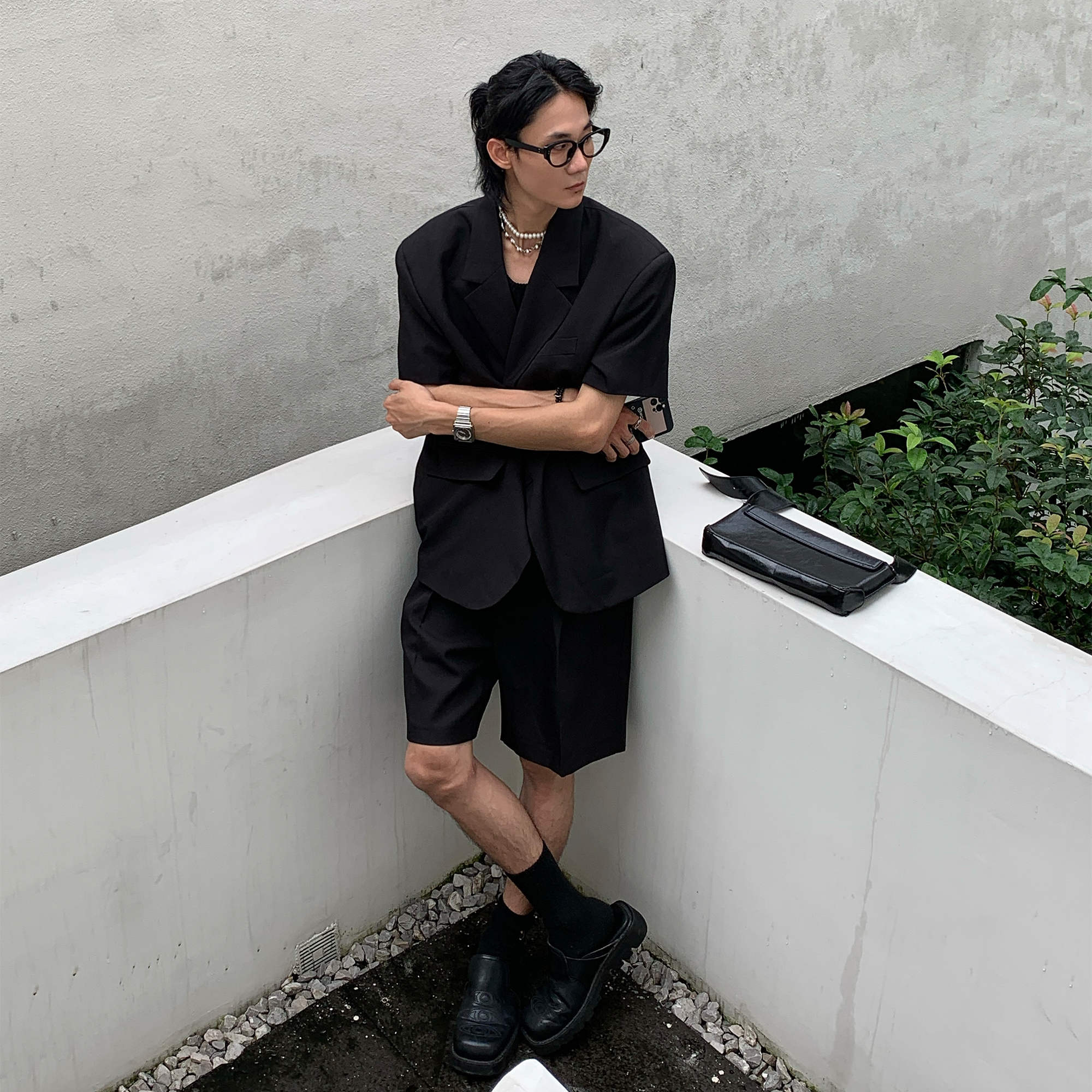 ZINGUP 宽松休闲黑色西装外套 复古轻奢感西装+西裤两件套