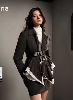 none 时尚干练深灰色西装外套女2026春季新款御姐范腰带修身显瘦