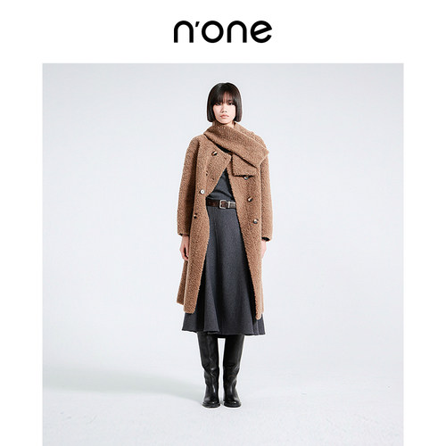 none造型围脖直身长款双面呢大衣
