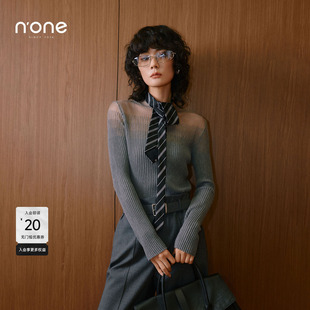 none 浅灰色透视薄纱针织衫女2026春季新款修身竖条纹罗纹上衣