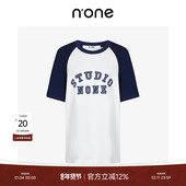 白色撞色插肩圆领女款 字母图案上衣 女t恤新款 春季 one 短袖