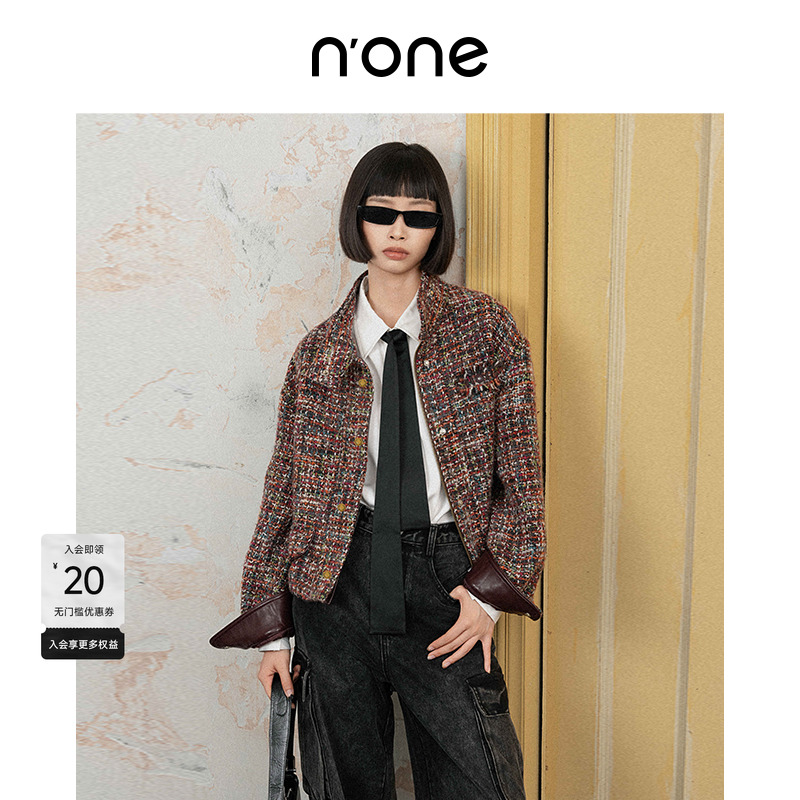 none立领皮质镶边抽绳外套