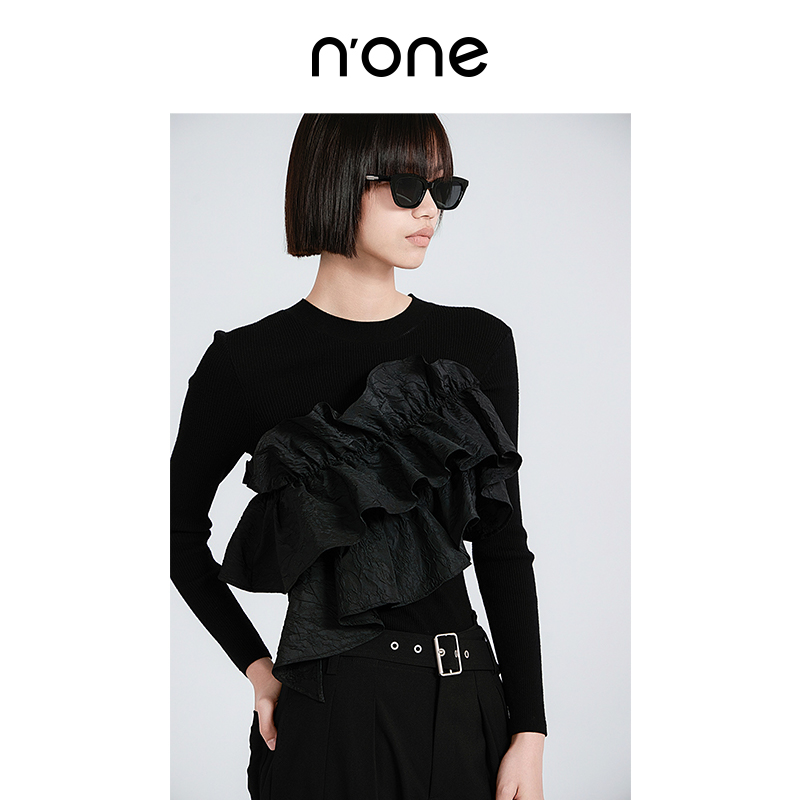 NONE修身提花荷葉邊裝飾針織衫