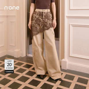 高级感直筒显瘦裤 none 新款 女2026春季 子 卡其色蕾丝花边牛仔裤