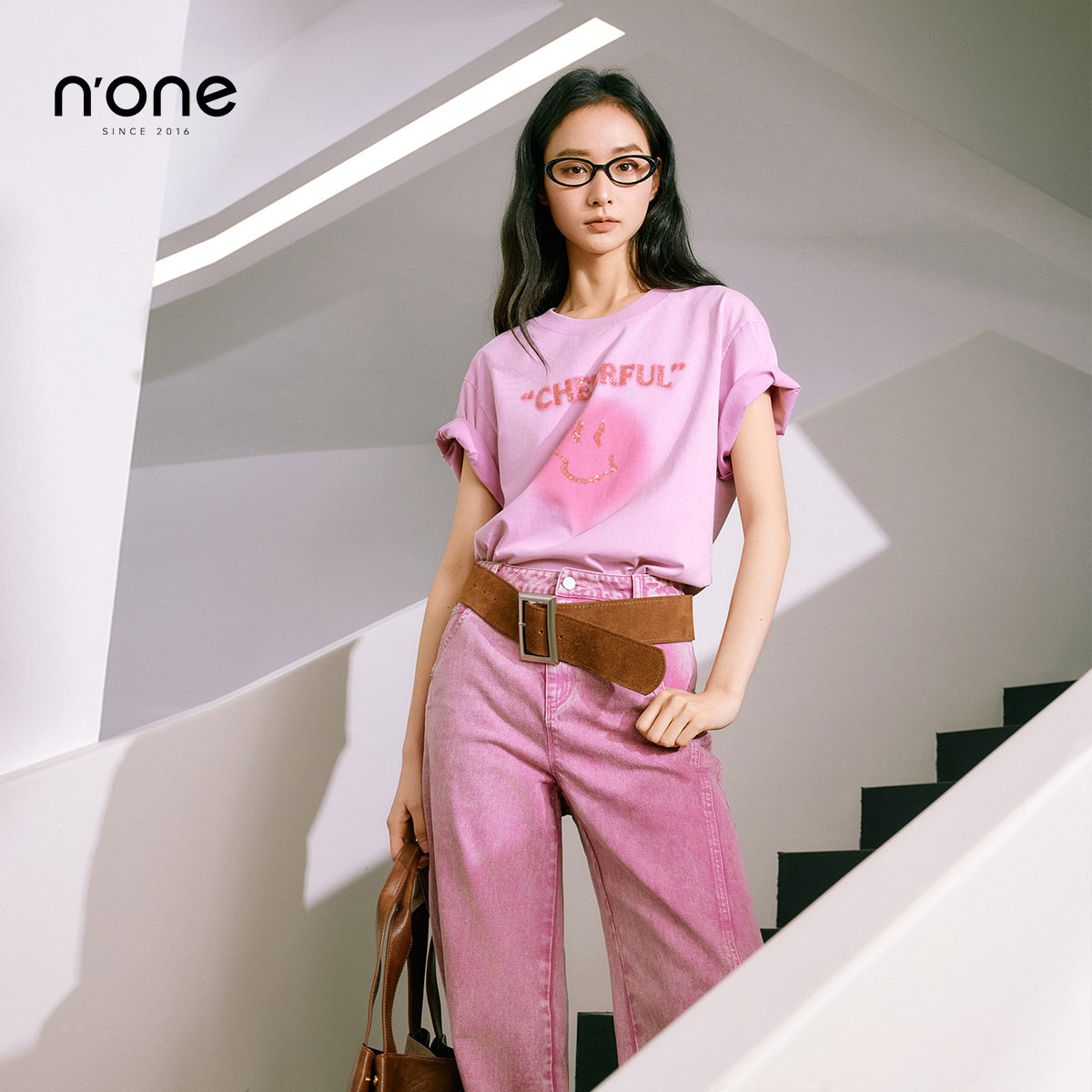 n'one100%棉圆领落肩宽松T恤图片