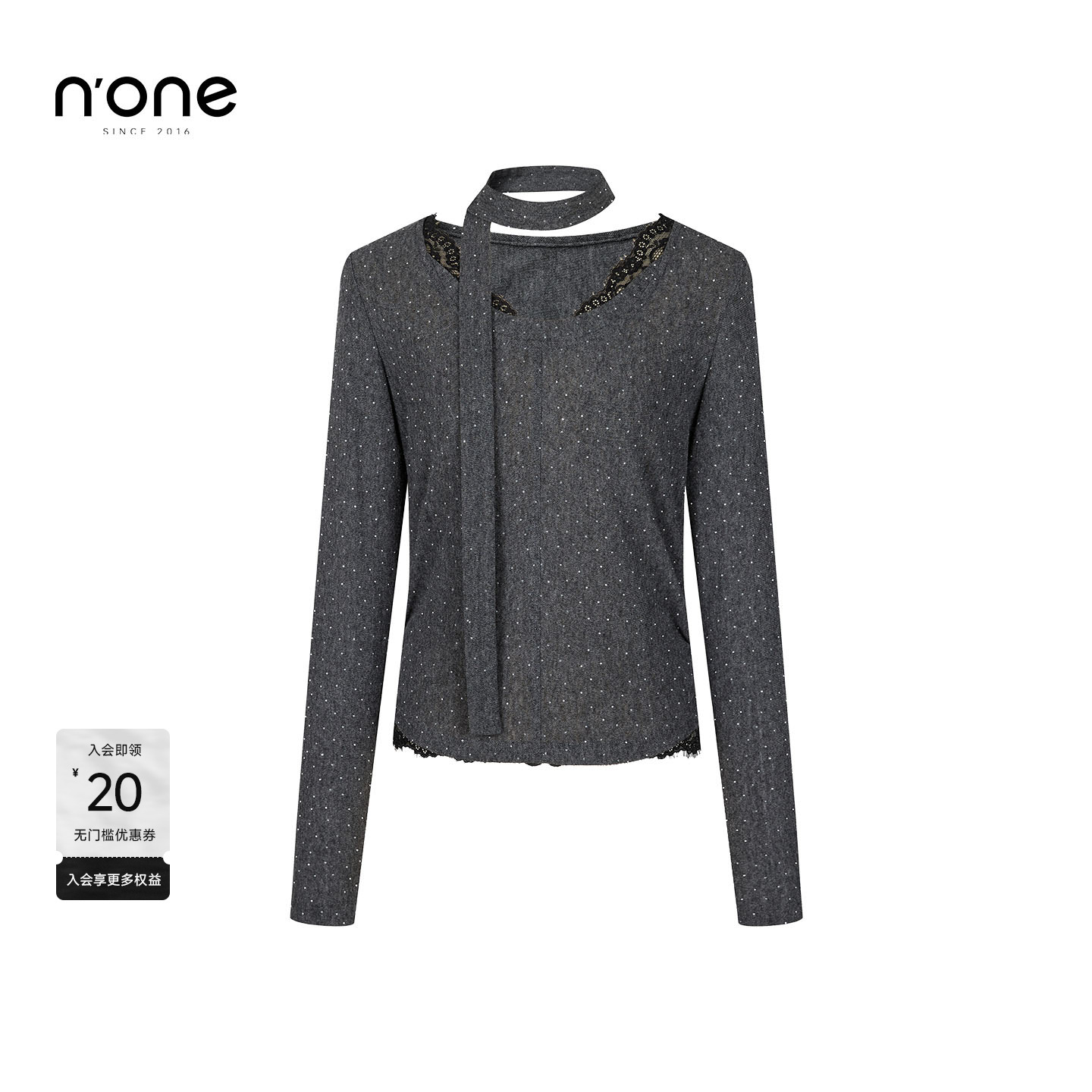 none气质低圆领蕾丝拼接小上衣