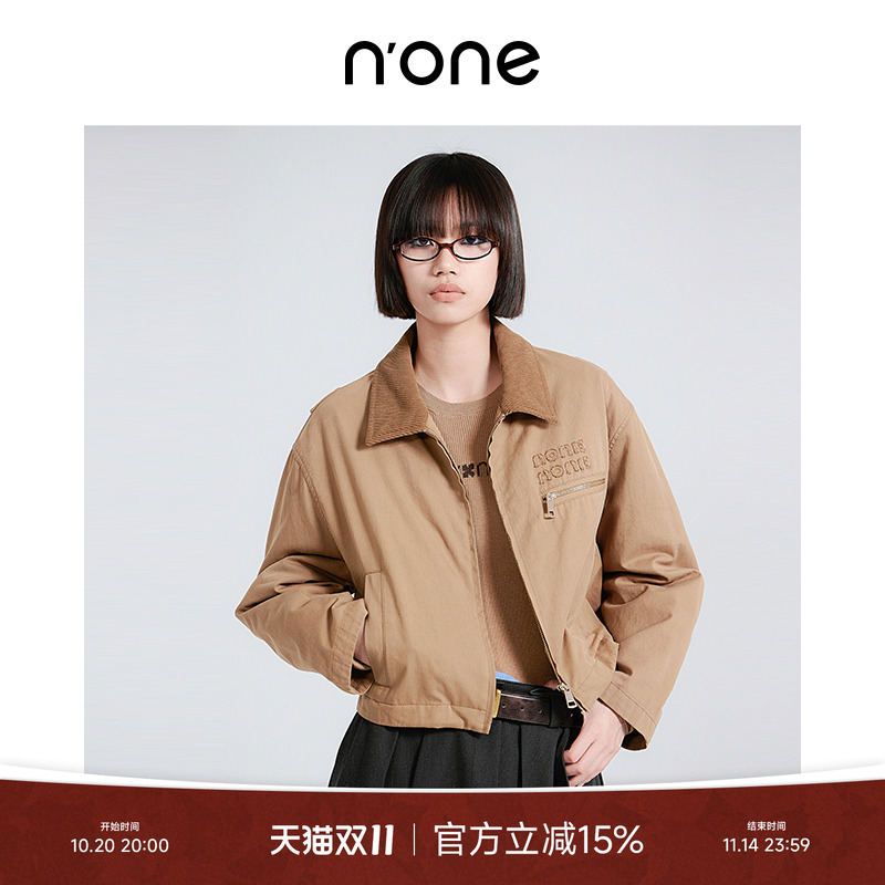 none茶棕色灯芯绒翻领夹克羽绒服