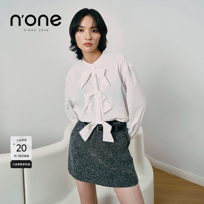 none小立领蝴蝶结绑带时髦衬衫