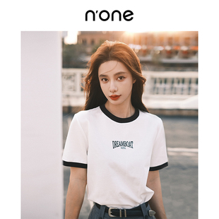 撞色圓領白色短袖 none 夏季 新款 百搭字母印花小白t恤女 t恤女時尚