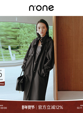 n'one 春新款深灰色灯笼袖风衣外套女中长款立领宽松廓形风衣