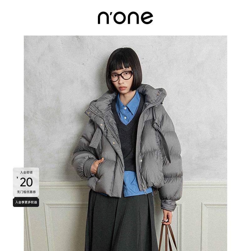 none连帽飘带斜插口袋羽绒服