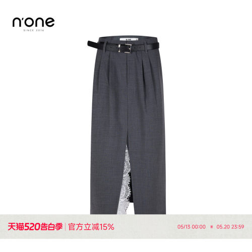 n'one开衩蕾丝边气质打褶半身裙