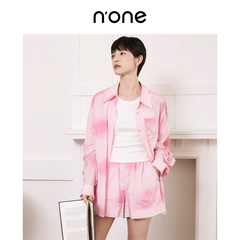 none 新款夏季薄款套装粉色褶皱长袖女衬衫女