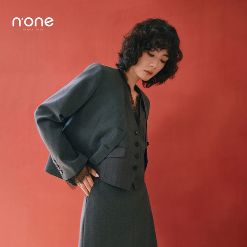 none气质V领短款西装外套套装