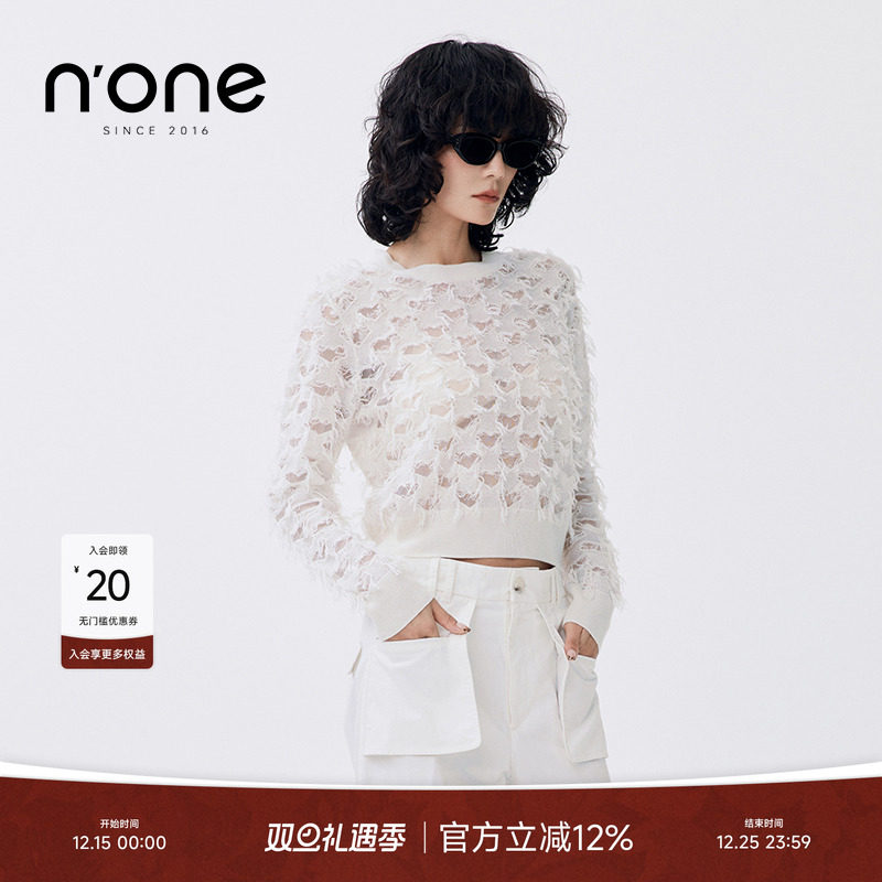 none圆领透明棋盘格浪漫毛衣