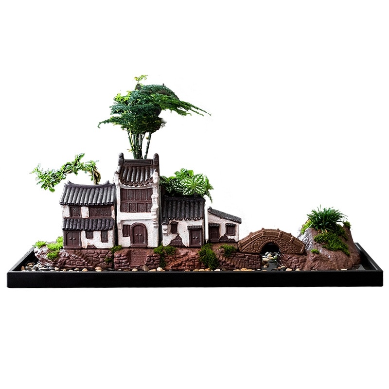 陶瓷老房子花盆中式江南盆景桌面鱼缸造景装饰托盘微景观水景摆件