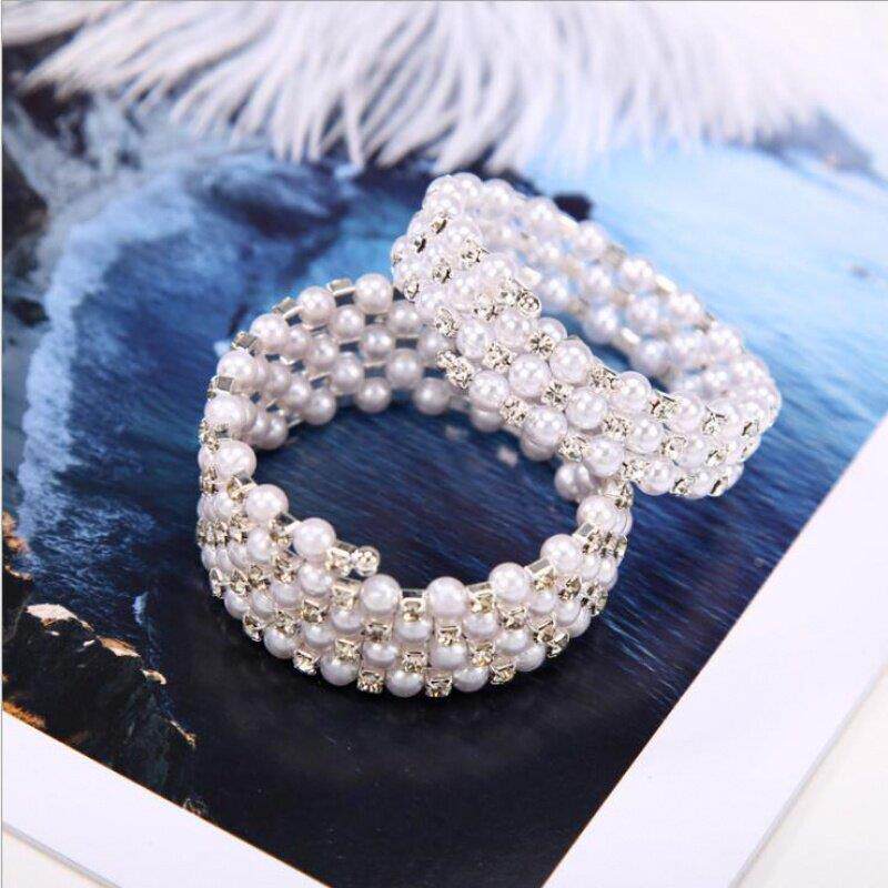 diyiy日常新款时尚韩版多层珍珠水钻宽手镯满钻缠绕螺旋手链女