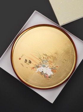 日本进口山中漆器雅金箔花鸟圆形茶托盘结婚高级实用新年礼物