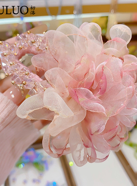 CL123仙气网纱花朵马尾扣日常百搭半扎发神器轻奢手工水晶发饰女