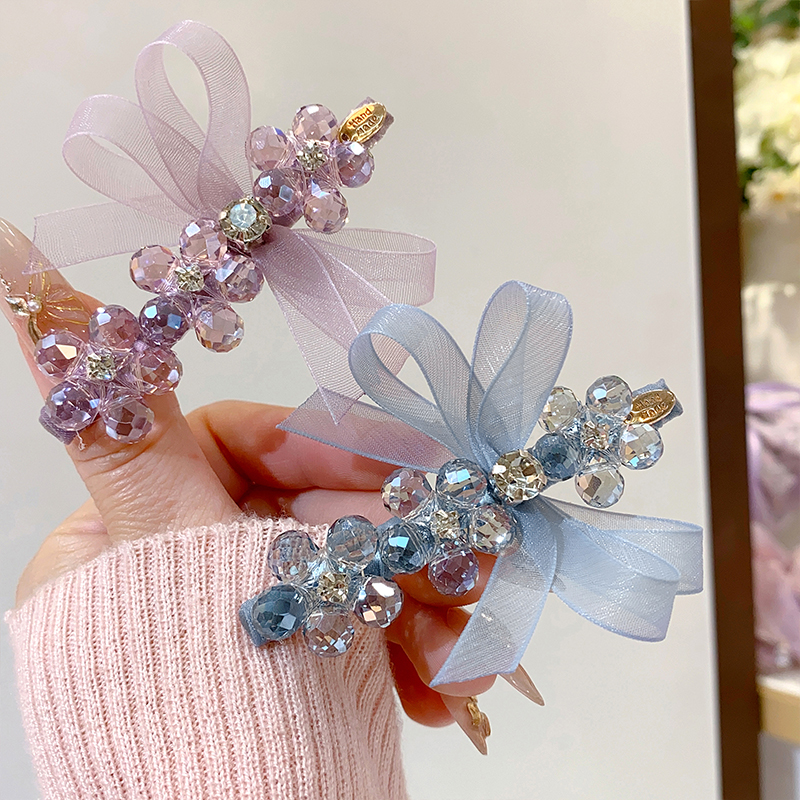 F67新中式网纱蝴蝶结鸭嘴夹2025新款手工水晶缠绕边夹气质碎发夹