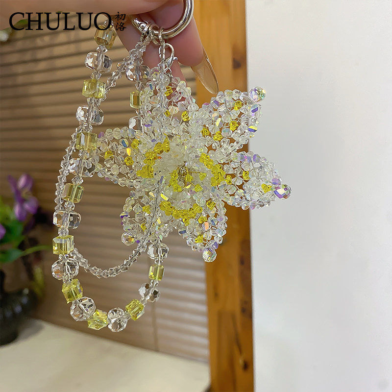 CL426水晶花朵挂饰 手工串珠钥匙扣 高级感装饰挂件新中式手机链