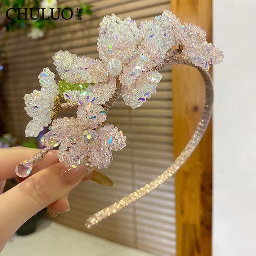 CL411水晶花朵发箍女轻奢重工头饰新中式汉服配饰高级感日常百搭