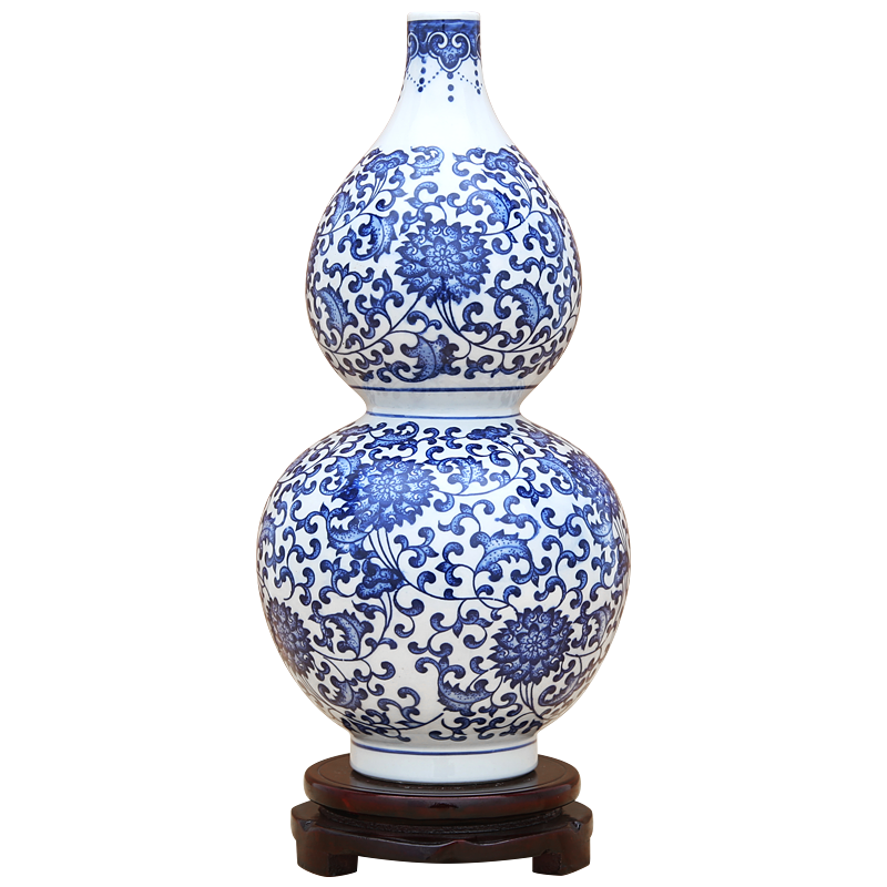 景德镇陶瓷器青花瓷花瓶缠枝莲纹葫芦瓶风水摆件客厅装饰品摆件