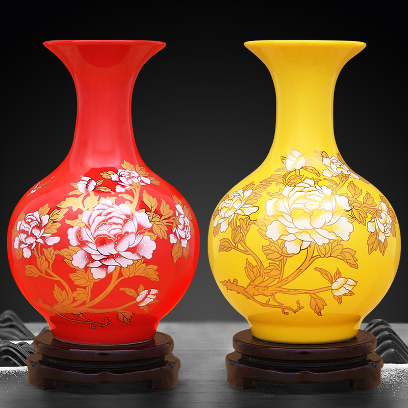 景德镇陶瓷器小花瓶摆件中国红色中式客厅插花喜庆结婚家居装饰品