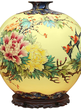 傲世瓷业 窑变玳瑁鹅黄釉手绘粉彩花开富贵石榴瓶