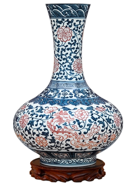 傲世瓷业 手绘青花釉里红三宝龙纹扁瓶