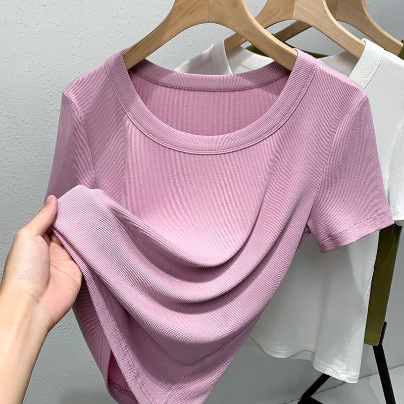 thumbnail for Pure Cotton White T-Shirt for Women, Short-Sleeved, Summer 2023 New Style, Loose and Thin, Base Layer, Solid Color, Slimming Top