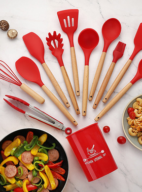 高颜值！出口食品级硅胶厨具11件套 木柄kitchen不粘锅铲勺套装