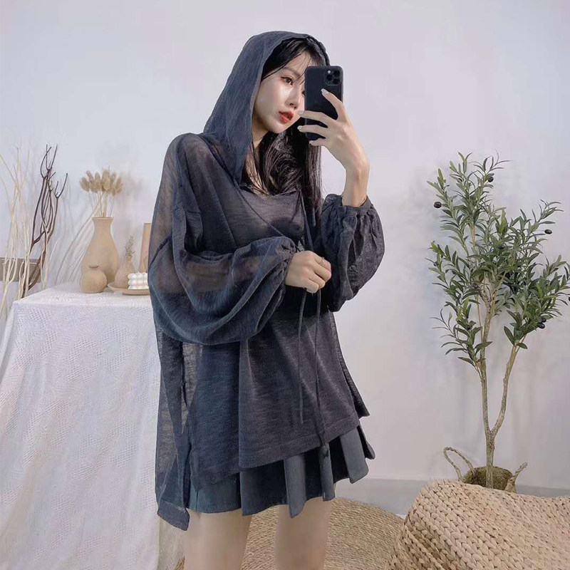 连帽针织防晒罩衫女夏季薄苎麻灯笼袖防晒针织衫宽松大码带帽上衣