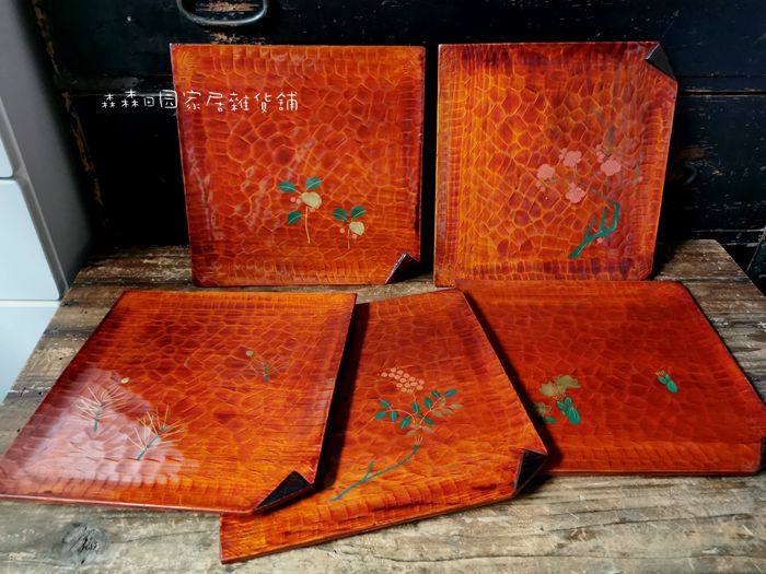 日本回流漆器实木手工雕刻木胎大漆方形茶盘餐托盘多用置物盘五客