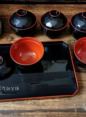 日本回流漆器树脂大漆放仿木纹茶器盖碗茶碗泡茶公道杯五客带茶盘