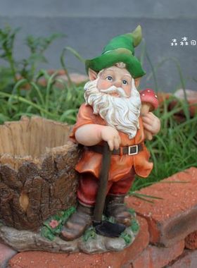 美式乡村风仿真小矮人花盆摆件