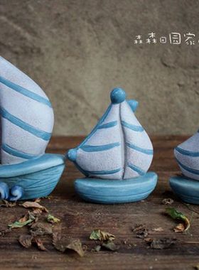 地中海风帆船复古做旧陶土装饰品