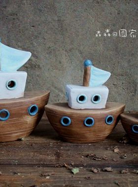 地中海风小帆船烛台陶土家居装饰