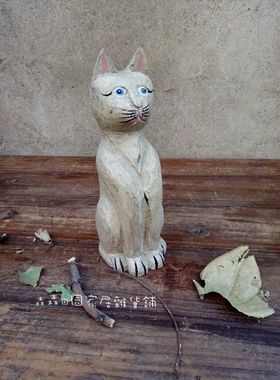 美式乡村欧式田园出口外贸做旧实木手工雕刻猫咪橱窗家居装饰摆件