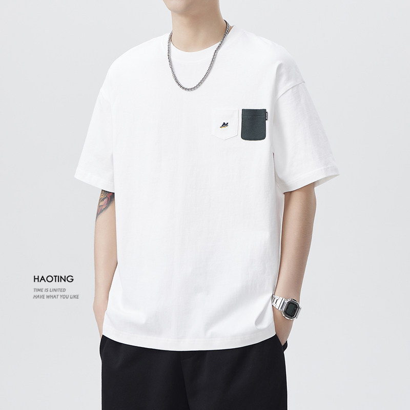 豪霆 简约口袋短袖T恤男生2025夏季新款250G全棉宽松大码体恤上衣