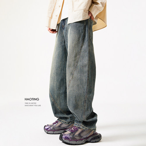 豪霆.立体剪裁宽松弯刀牛仔裤