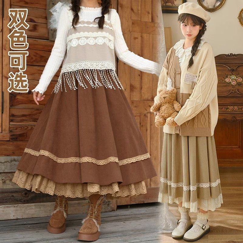 法式复古2025冬高腰A字长裙蕾丝花边半身裙女灯芯绒设计感大摆裙,女装/女士精品,汉服半身裙,淘宝优惠券,粉丝福利购,淘宝优惠卷