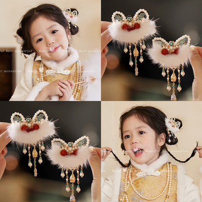 儿童新年醒狮流苏蝴蝶结发夹发饰