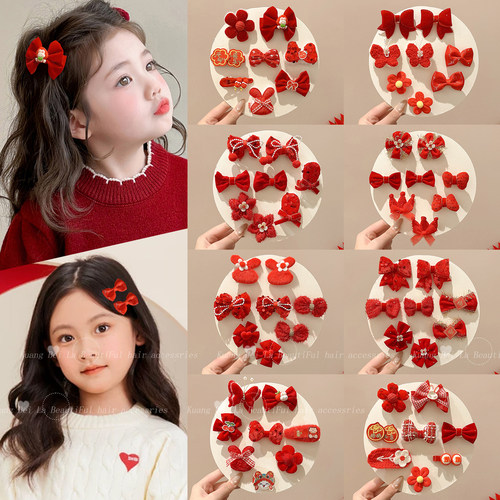儿童新年红色蝴蝶结发夹可爱发卡
