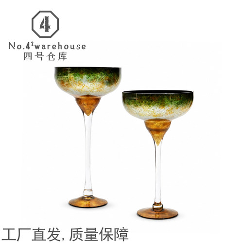 法式轻奢风金箔高脚杯大口琉璃花器高端会所大堂插花桌面软装摆件