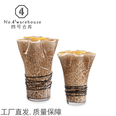 欧式轻奢棕色肌理缠丝花口琉璃花瓶样板间客餐厅玄关插花软装摆件